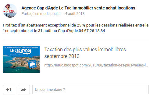 page Google+ de l'Agence Cap d'agde Le Tuc Immobilier